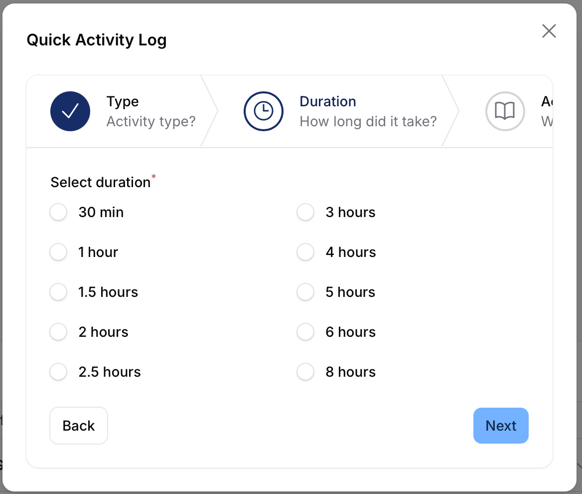 Quick log example showing a completed practice entry